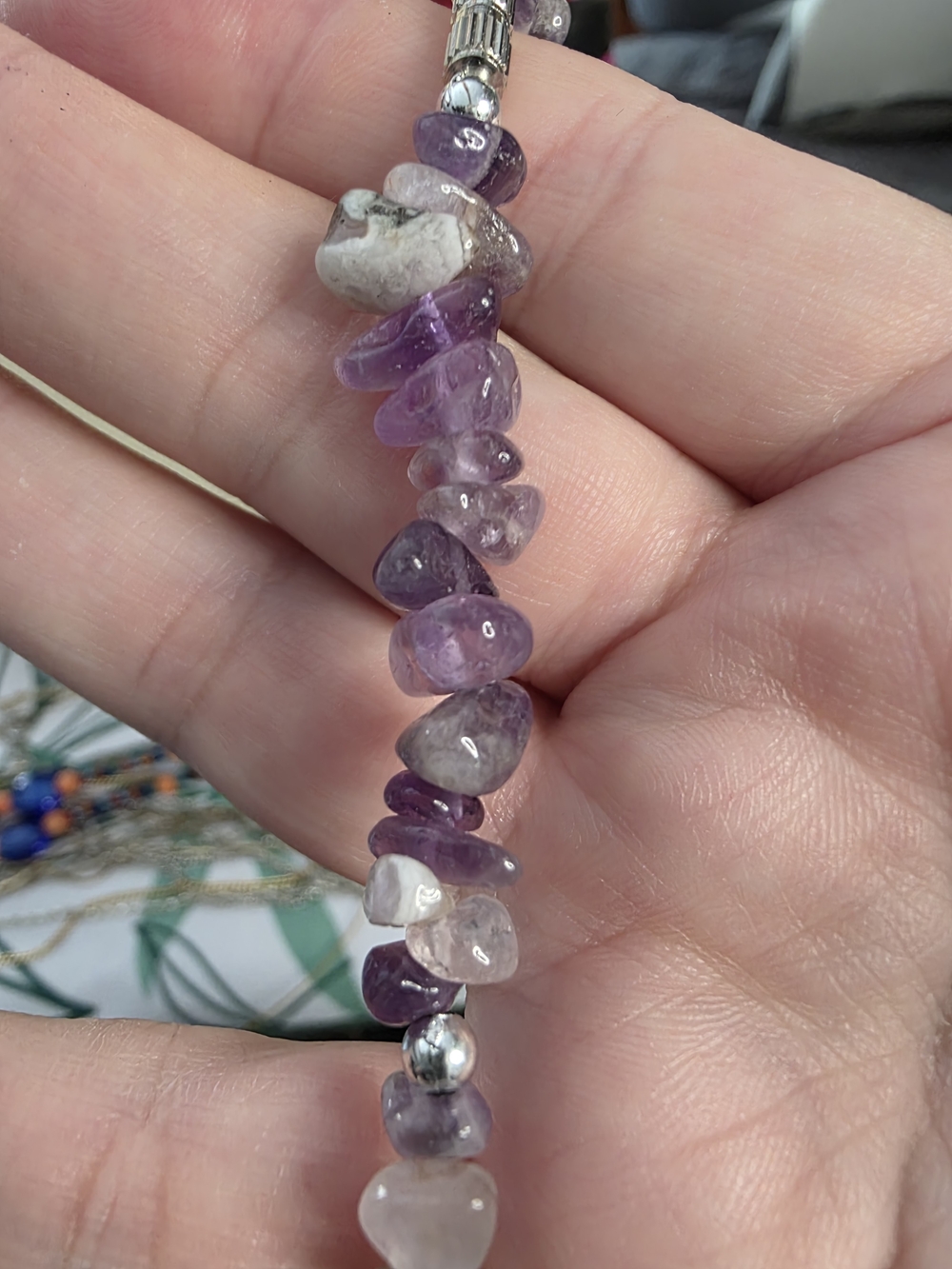 Amethyst Chip Bead Necklace with Dark Amethyst Pendant Silver Tone Hardware - Picture 7 of 10
